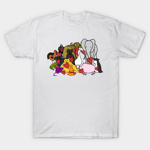 Animals with Love Hearts and Hidden Bernie Sanders on Valentines Day T-Shirt by ellenhenryart